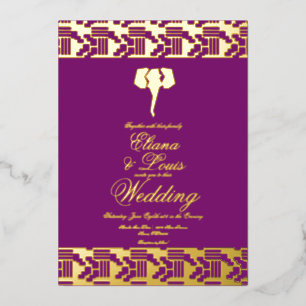 Invitación Con Relieve Metalizado Oro Africano Elefante Marcado Boda Prensado