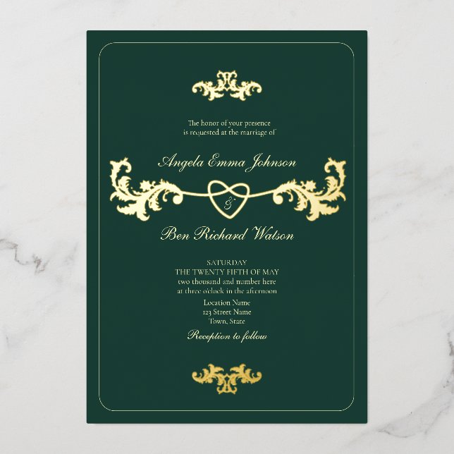 Invitación Con Relieve Metalizado Oro antiguo y verde esmeralda (Anverso)