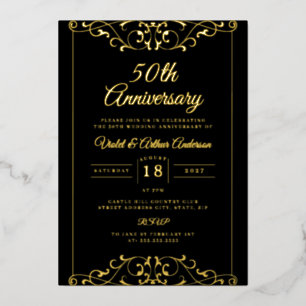 Invitación Con Relieve Metalizado Oro Atemporal Remolino Negro 50 Aniversario de Bod