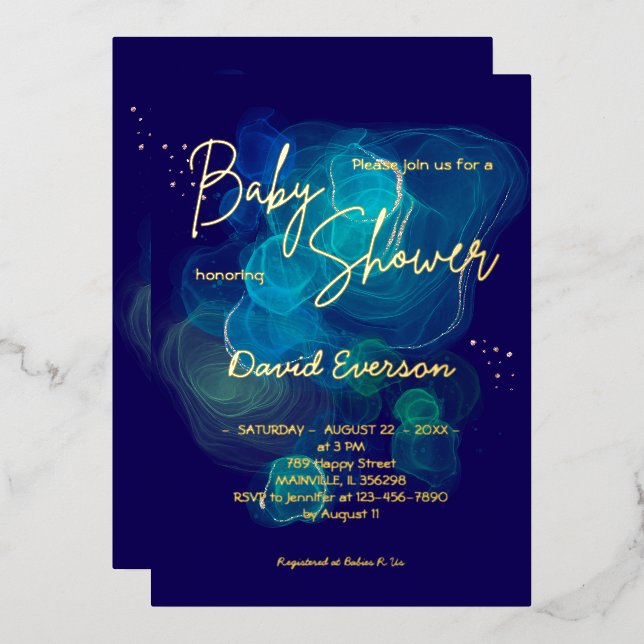 Invitación Con Relieve Metalizado Oro azul de la Marina moderna (Anverso/Reverso)