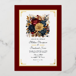 Invitación Con Relieve Metalizado Oro, azul marino y Boda floral borgoñona