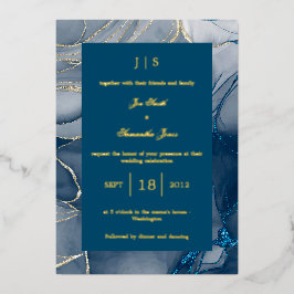 Invitación Con Relieve Metalizado oro azul oscuro