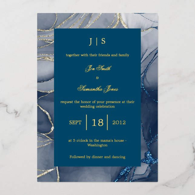 Invitación Con Relieve Metalizado oro azul oscuro (Anverso)