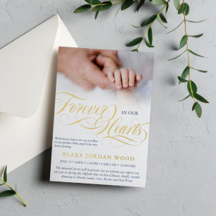 Invitación Con Relieve Metalizado Oro Azul Por Siempre En Nuestros Corazones Bebe Me