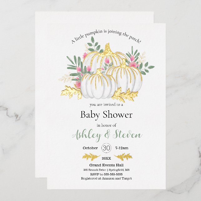 Invitación Con Relieve Metalizado Oro Baby Shower de calabaza blanca rosa (Anverso/Reverso)