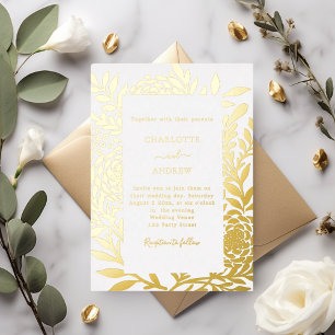 Invitación Con Relieve Metalizado Oro blanco boda de lujo botánico