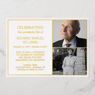 Invitación Con Relieve Metalizado Oro Blanco Celebrando la Vida 2 Fotos Memorial