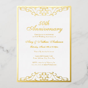 Invitación Con Relieve Metalizado Oro Blanco Elegante Remolino 50 Aniversario de Bod