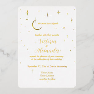 Invitación Con Relieve Metalizado Oro Blanco Moderno Minimalista Celestial