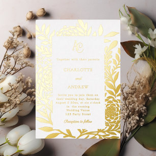 Invitación Con Relieve Metalizado Oro blanco monograma botánico boda de lujo