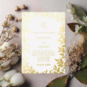 Invitación Con Relieve Metalizado Oro blanco monograma botánico boda de lujo