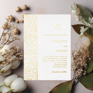 Invitación Con Relieve Metalizado Oro blanco monograma botánico boda de lujo
