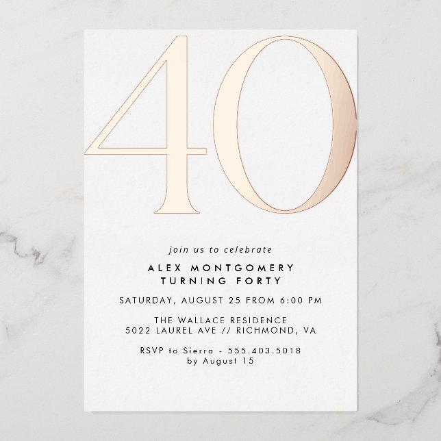 Invitación Con Relieve Metalizado Oro blanco y Rosa | 40º cumpleaños de Glam moderno (Anverso)