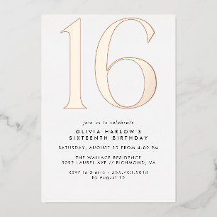 Invitación Con Relieve Metalizado Oro blanco y Rosa   Moderno Mínimo 16 cumpleaños