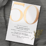 Invitación Con Relieve Metalizado Oro blanco y Rosa | Moderno Mínimo 50 cumpleaños<br><div class="desc">Invitaciones modernas de 50 años con un gran título "50" en Relieve metalizado metálico real. Los detalles del evento se imprimen a continuación en una letra negra mate. Rosa de oro sobre fondo blanco. (Los colores de fondo se pueden cambiar utilizando la herramienta de diseño. También puede cambiar el tipo...</div>