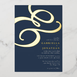 Invitación Con Relieve Metalizado Oro Boda azul de la Marina de Estados Unidos moder