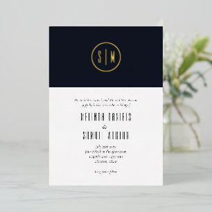 Invitación Con Relieve Metalizado Oro Boda blanco azul monograma minimalista 