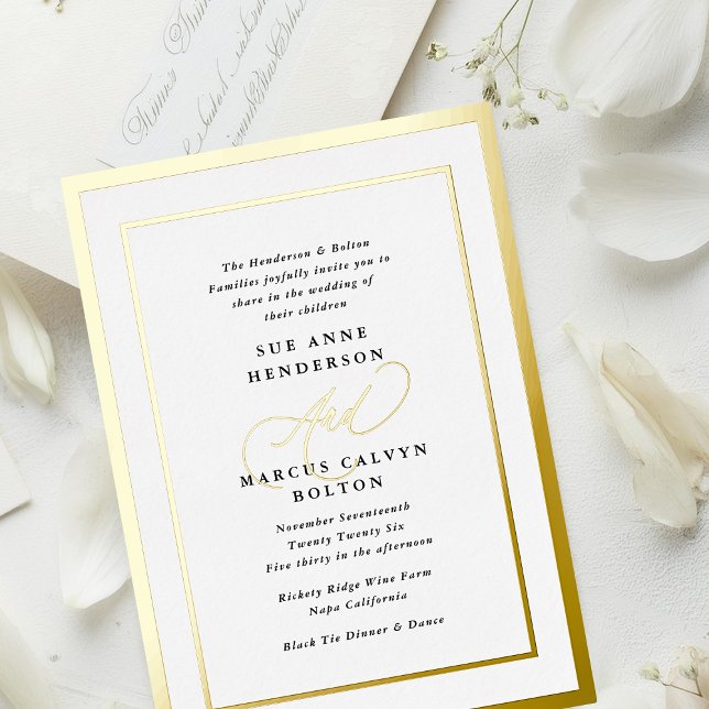 Invitación Con Relieve Metalizado Oro Boda de caligrafía moderna en blanco y negro (Subido por el creador)