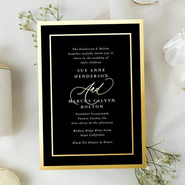 Invitación Con Relieve Metalizado Oro Boda de caligrafía moderna en blanco y negro (Subido por el creador)