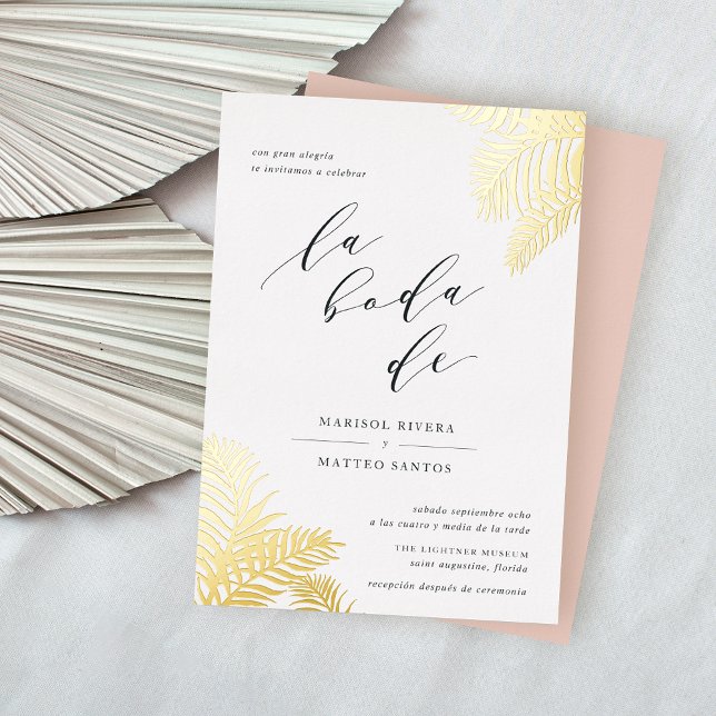 Invitación Con Relieve Metalizado Oro Boda de Foliage Tropical Español (Subido por el creador)