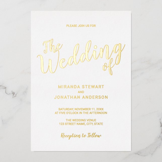 Invitación Con Relieve Metalizado Oro Boda de guión moderno (Anverso)