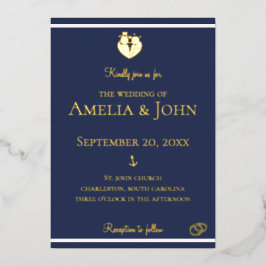 Invitación Con Relieve Metalizado Oro Boda de la bandera azul de la marina