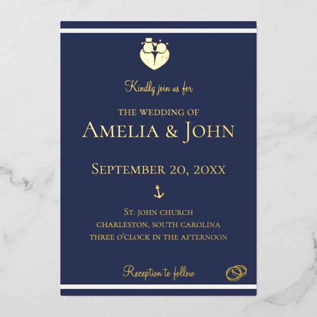 Invitación Con Relieve Metalizado Oro Boda de la bandera azul de la marina (Anverso)