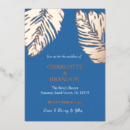 Invitación Con Relieve Metalizado Oro Boda de la hoja de palma tropical azul oceánic