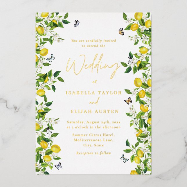 Invitación Con Relieve Metalizado Oro Boda de limón botánico (Anverso)