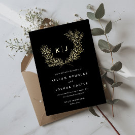 Invitación Con Relieve Metalizado Oro Boda de Monograma Distinguido Negro