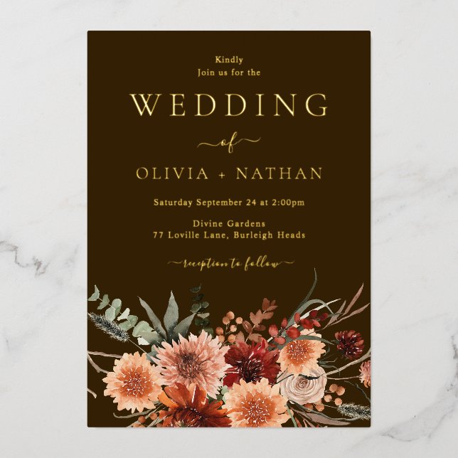 Invitación Con Relieve Metalizado Oro Boda floral bohemio dorado (Anverso)