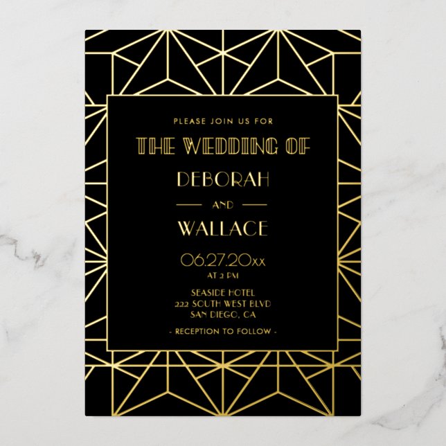 Invitación Con Relieve Metalizado Oro boda geométrico art deco de los años 20 (Anverso)