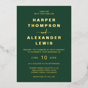 Invitación Con Relieve Metalizado Oro Boda verde moderno