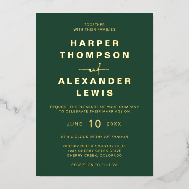 Invitación Con Relieve Metalizado Oro Boda verde moderno (Anverso)