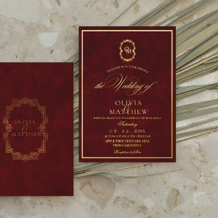 Invitación Con Relieve Metalizado Oro Burgundy Minimalista y Elegante Boda