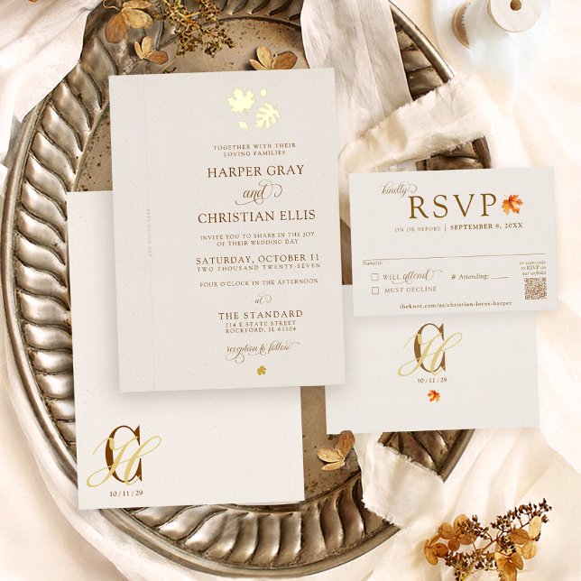 Invitación Con Relieve Metalizado Oro Caída Sale Elegante Boda de Cinta de bricolaje (Elegant beige gold foil Fall leaf Autumn add your own ribbon simple unique wedding invitation set)