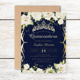 Invitación Con Relieve Metalizado Oro Champán Azul Marino Floral Scroll Quinceañera 
