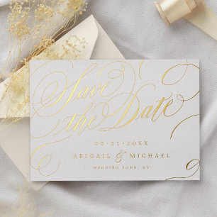 Invitación Con Relieve Metalizado Oro clásico caligrafía vintage ahorrar la fecha