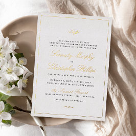 Invitación Con Relieve Metalizado Oro Clásico Elegancia Escritura Sencilla Boda