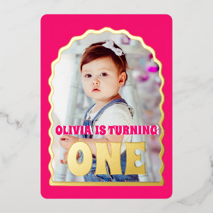 Invitación Con Relieve Metalizado Oro Daisy One First Birday Party Photo