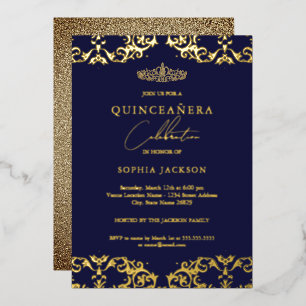 Invitación Con Relieve Metalizado Oro Damask Quinceañera de 15 años
