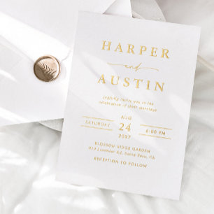 Invitación Con Relieve Metalizado Oro de Boda de Letra Minimalista Moderna