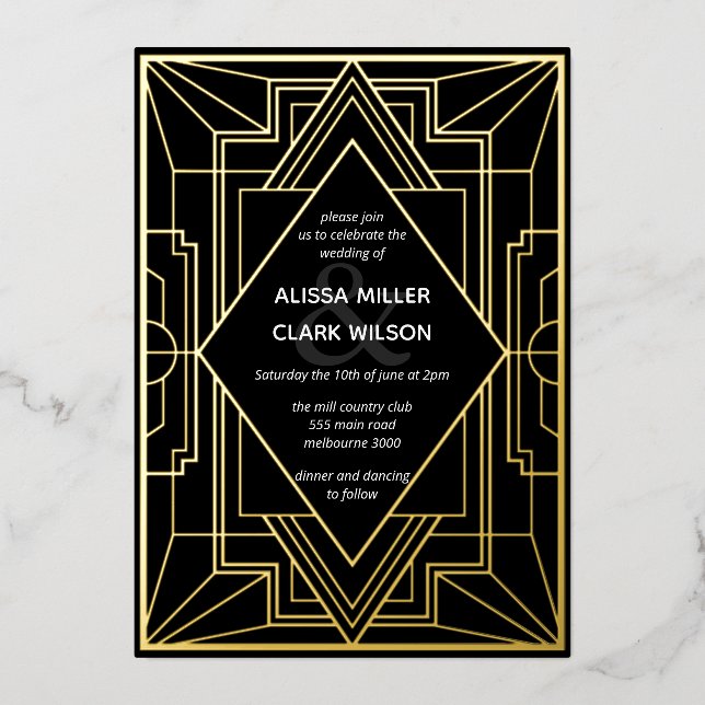 Invitación Con Relieve Metalizado Oro de Boda Elegante Art Deco (Anverso)