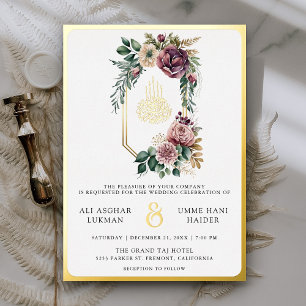 Invitación Con Relieve Metalizado Oro de Boda musulmán Escudo de la flor violeta y t