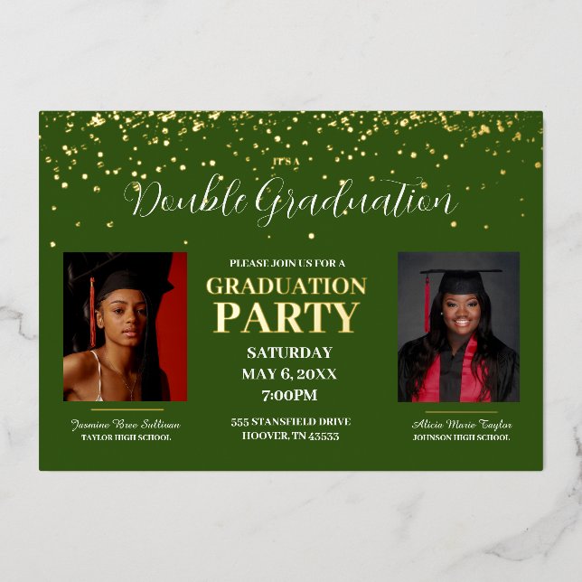 Invitación Con Relieve Metalizado Oro de doble graduación verde y dorado (Anverso)