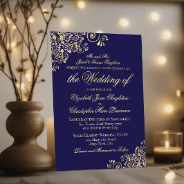 Invitación Con Relieve Metalizado Oro de elegancia clásica en Boda formal azul marin