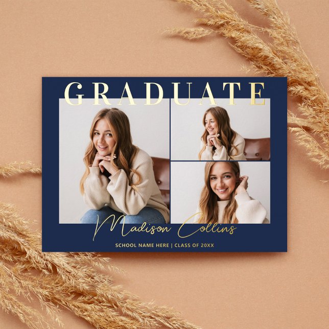 Invitación Con Relieve Metalizado Oro de graduación fotográfica 3 de la Marina Azul  (Subido por el creador)