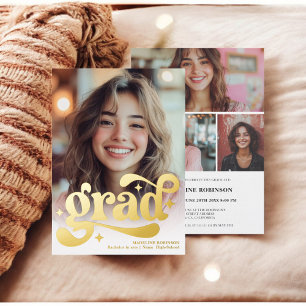 Invitación Con Relieve Metalizado Oro de guión retro Blanco 4 Graduación de fotos