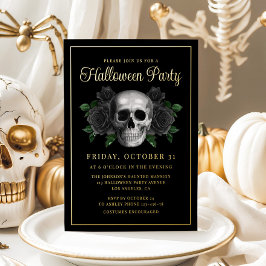 Invitación Con Relieve Metalizado Oro de Halloween con cráneo floral gótico
