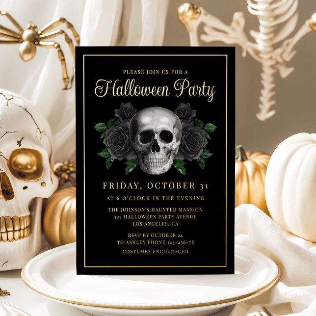 Invitación Con Relieve Metalizado Oro de Halloween con cráneo floral gótico (Gothic Floral Skull Halloween Gold Foil Invitation)